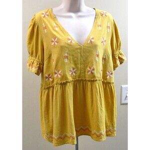 Heyson Boho Ruffled shirt Top embroidered babydoll mustard yellow MEDIUM aztek